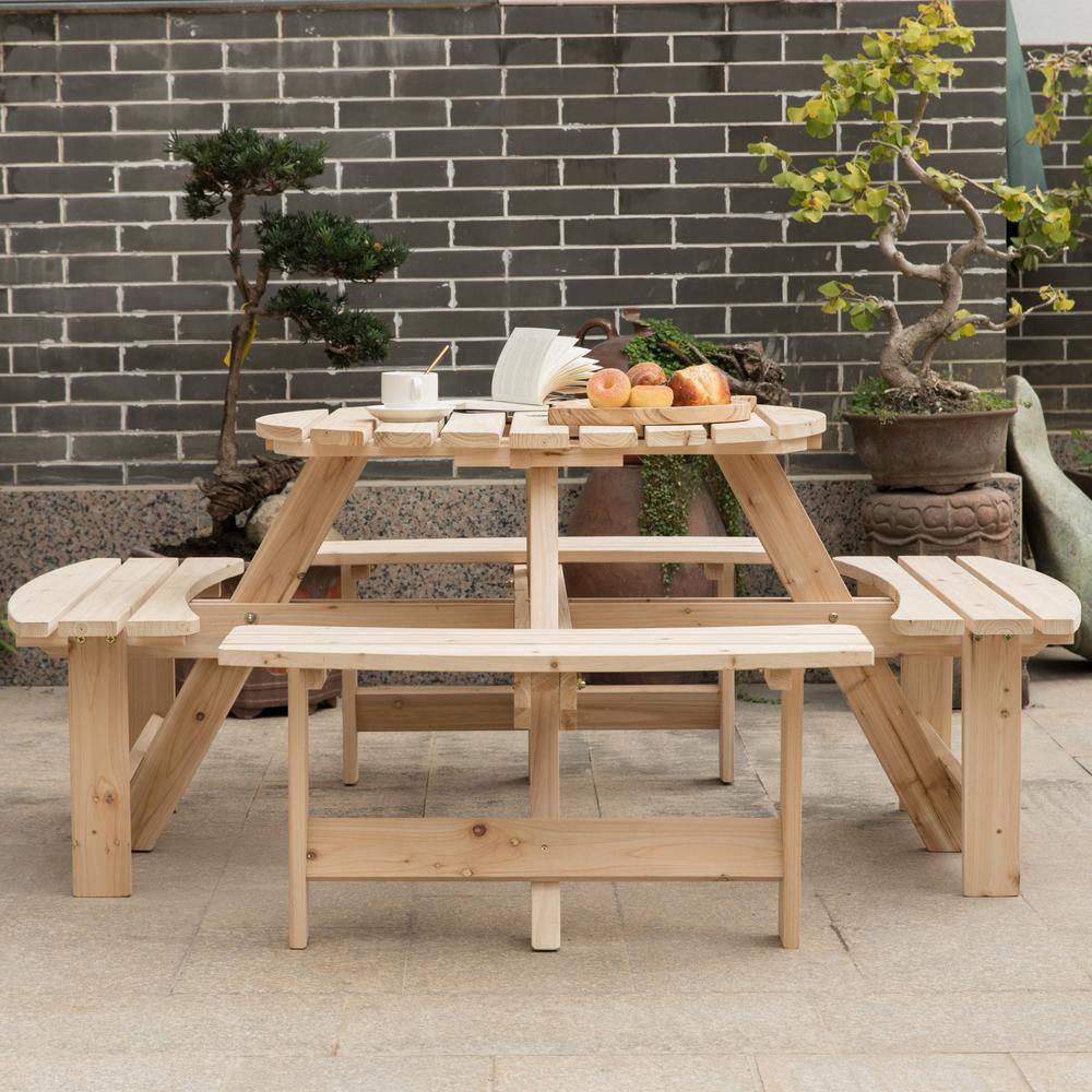 Natural Solid Wood Round Outdoor Picnic Table with Umbrella Hole, Seats 8