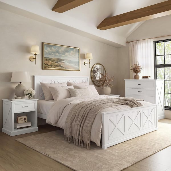 Noble House Patricia 4-Piece White Wood Frame Queen Size Platform Bed  Bedroom Set with 2 Storage Nightstands and 1 Dresser 197819