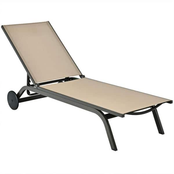 Clihome 6-Position Adjustable Outdoor Patio Recliner Lounge Chair Folding Ergonomic Lounge with Brown Cushion and 2-Wheels