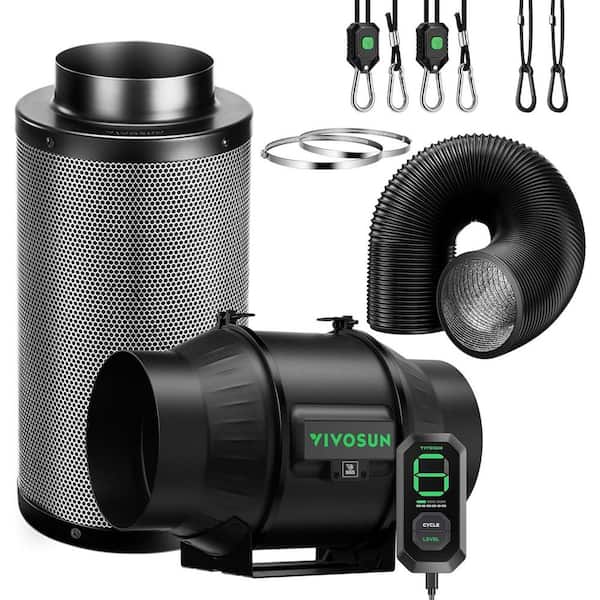 AeroZesh T6 6 in. 408 CFM Inline Duct Fan with E12 Speed Controller, 6 in. Black Carbon Filter and 8 ft. Ducting