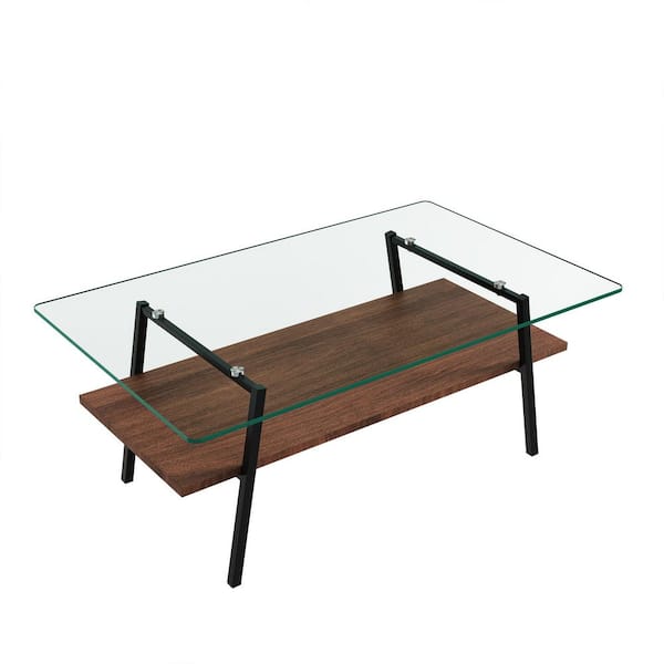 38.58 in. Rectangle Clear Tempered Glass Coffee Table with MDF Shelf & Black Metal Legs with Two End tables