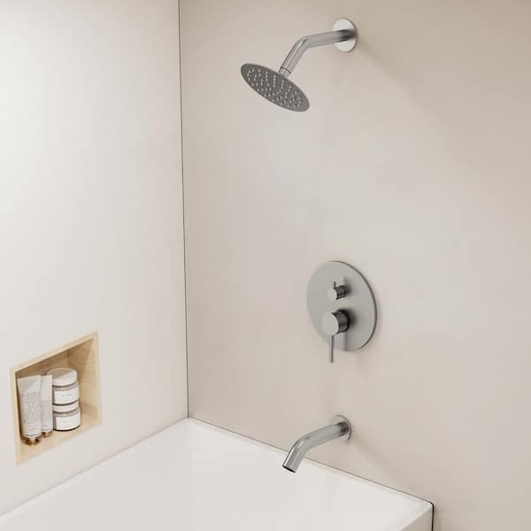 Single Handle 2-Spray 2.5 GPM Tub and Shower Faucet 6 in. Head in Brushed Nickel Valve Included