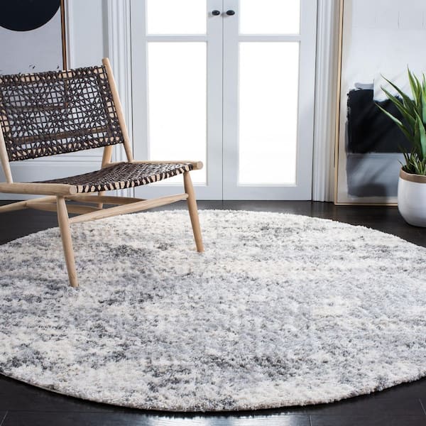 Berber Shag 5 ft. x 5 ft. Ivory/Gray Distressed Abstract Round Area Rug