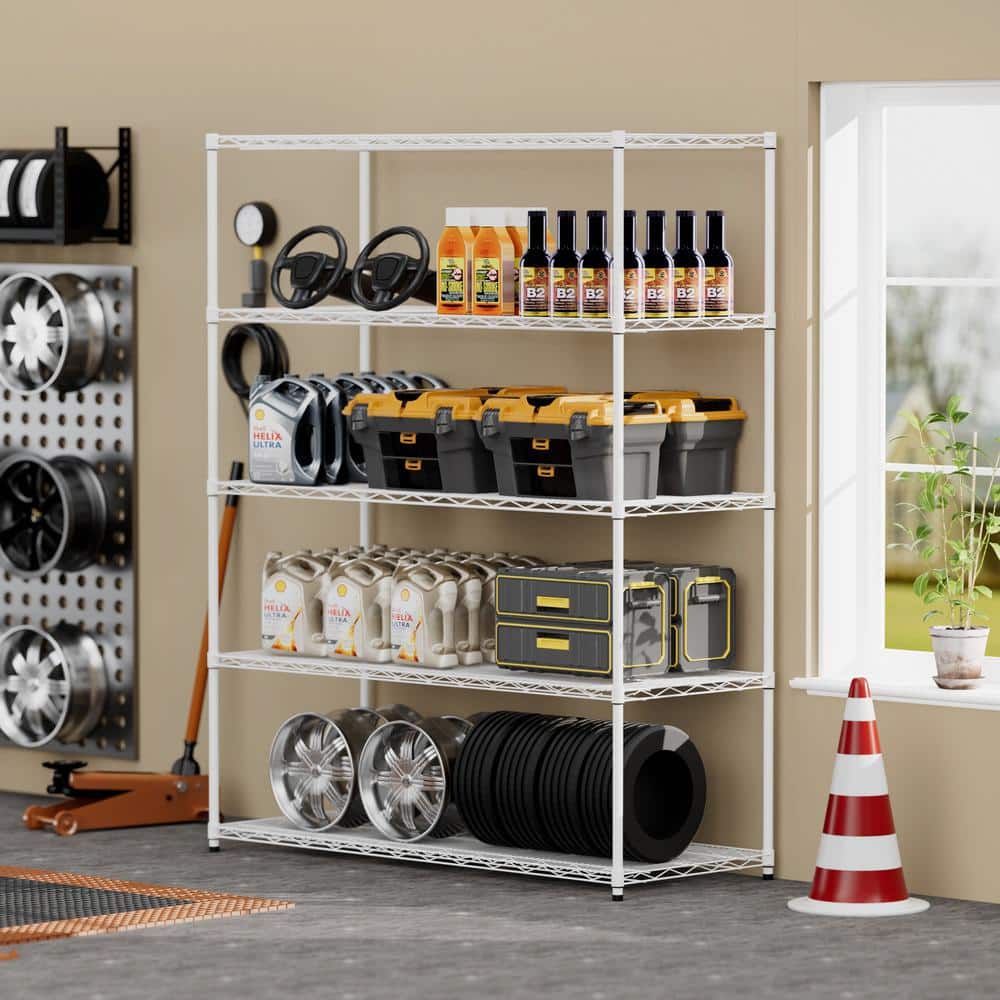 Heavy Duty 5-Shelf White Adjustable Rack with Adjustable Feet and Mobile Wh