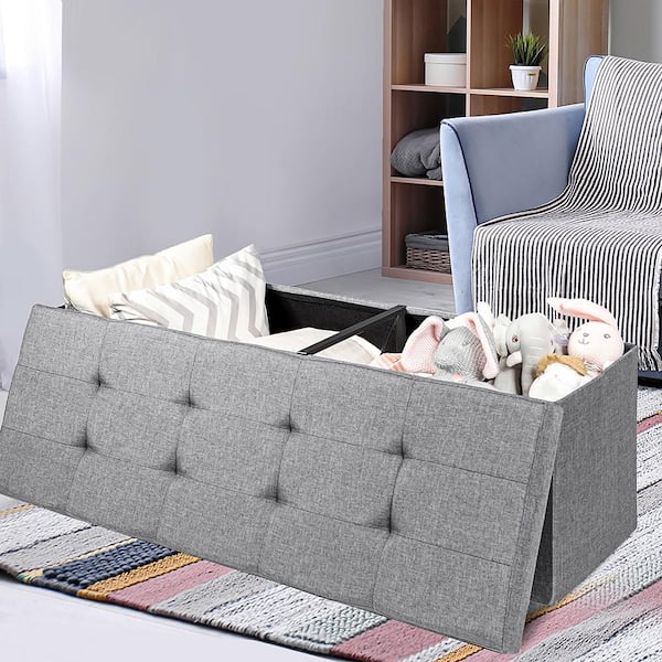Fabric Folding Storage Ottoman Storage Chest W/Divider Bed End Bench Light Grey