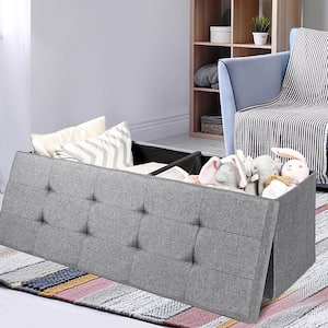 Fabric Folding Storage Ottoman Storage Chest W/Divider Bed End Bench Light Grey