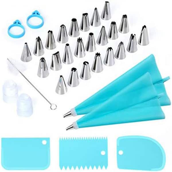 34-Piece Cake Decorating Kit with 24 Stainless Steel Tips, 2 Silicone Pastry Bags, 3 Smoothers, 2 Couplers, 2 Ties