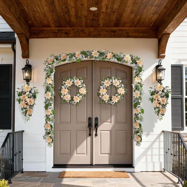 Glitzhome 6 ft. Artificial Peach Dahlia Floral Garland 2015700006