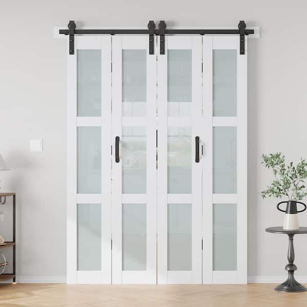 60 in. x 84 in. 3/4 Lite Frosted Glass Solid Core MDF White PVC Bi-Fold Door with Hardware