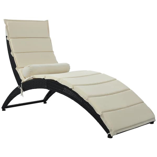 Utopia 4niture Anjie 1-Piece Black Wicker Outdoor Chaise Lounge with Beige Cushions and Bolster Pillow