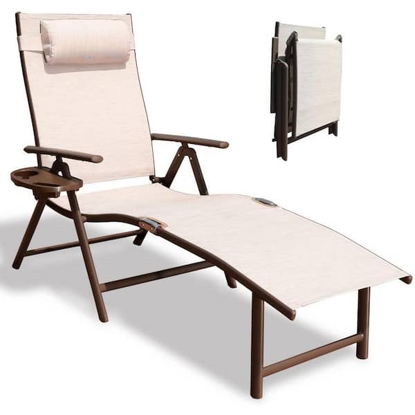 Tatayosi Beige Portable Aluminum Outdoor Lounge Chair with Pillow
