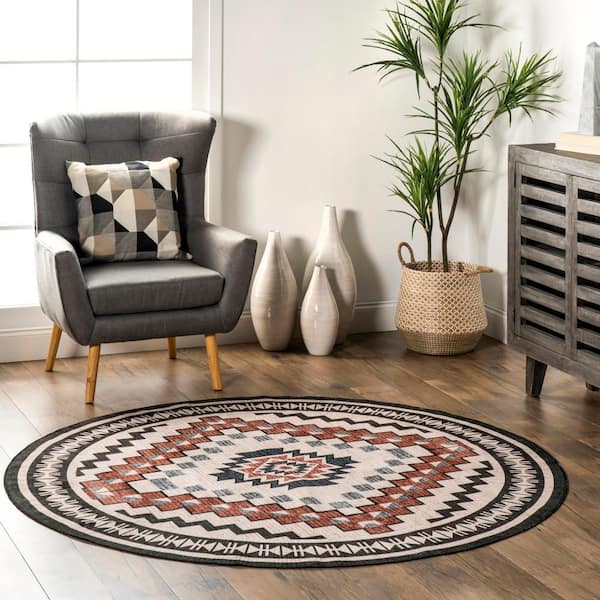 Leighton Machine Washable Beige 6 ft. Geometric Round Rug