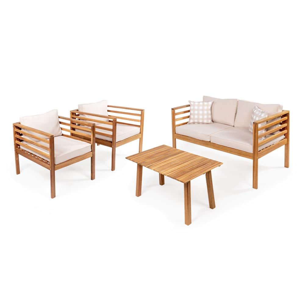 Thom 4-Piece Beige and Teak Acacia Wood Outdoor Patio Set