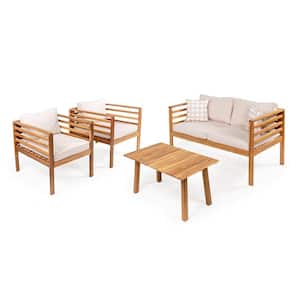 Thom 4-Piece Mid-Century Acacia Wood Outdoor Patio Set and Plaid Decorative Pillows, Beige/Teak Brown Cushions