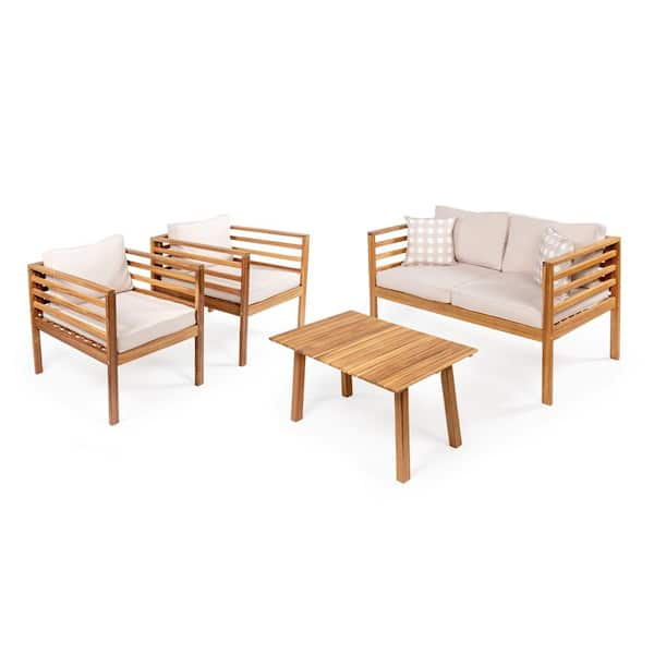 Thom 4-Piece Mid-Century Acacia Wood Outdoor Patio Set and Plaid Decorative Pillows, Beige/Teak Brown Cushions