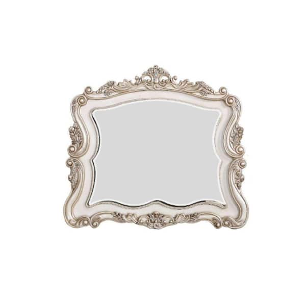 Benjara 44 in. H x 2 in. W Antique White Scroll Ornate Trim Scalloped Solid Wood Framed Modern Mirror Arch Shaped