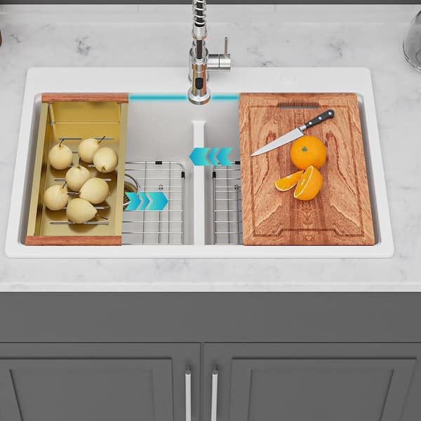 33 in. Drop-In Double Bowl(50/50) White Quartz Kitchen Sink with Workstation