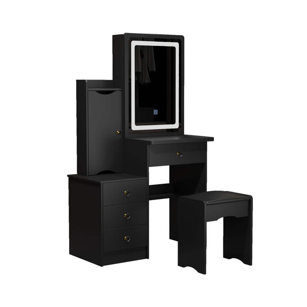 4-Drawers Black Wood LED Push-Pull Mirror Makeup Vanity Sets Dressing Table Sets with Stool, Door Cabinet, Shelves - thumbnail 3