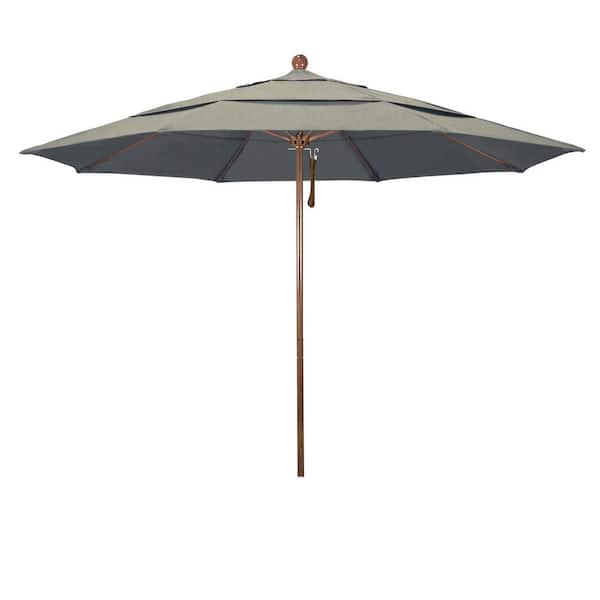 California Umbrella 11 ft. Woodgrain Aluminum Commercial Market Patio Umbrella Fiberglass Ribs and Pulley Lift in Spectrum Dove Sunbrella