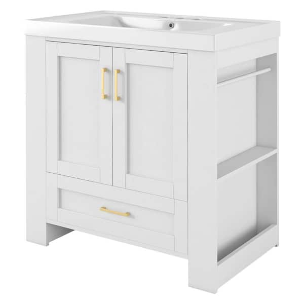Zeus & Ruta 30 in. W x 18.1 in. D x 31.5 in. H Single Sink Bath Vanity in White with White Resin Top and Double-Sided Storage Shelf