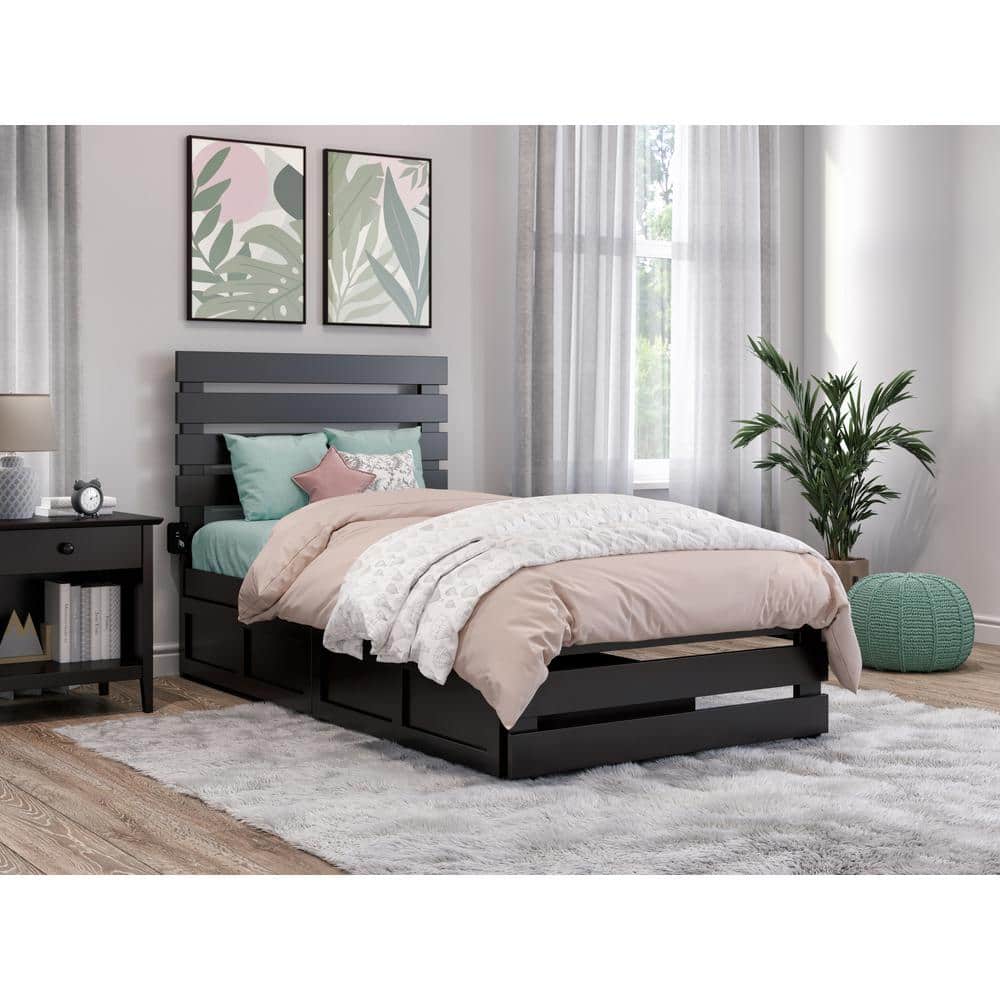 Espresso Twin Wood Storage Bed with Slatted Headboard and Drawers