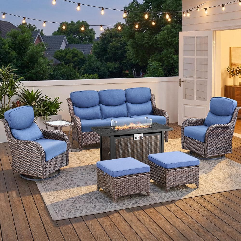 Smiley Brown Wicker 7-Piece Patio Conversatoin with Outdoor Fire Pit Table, Swivel Glider and 5inch Blue Cushions price history on PriceWatchPro
