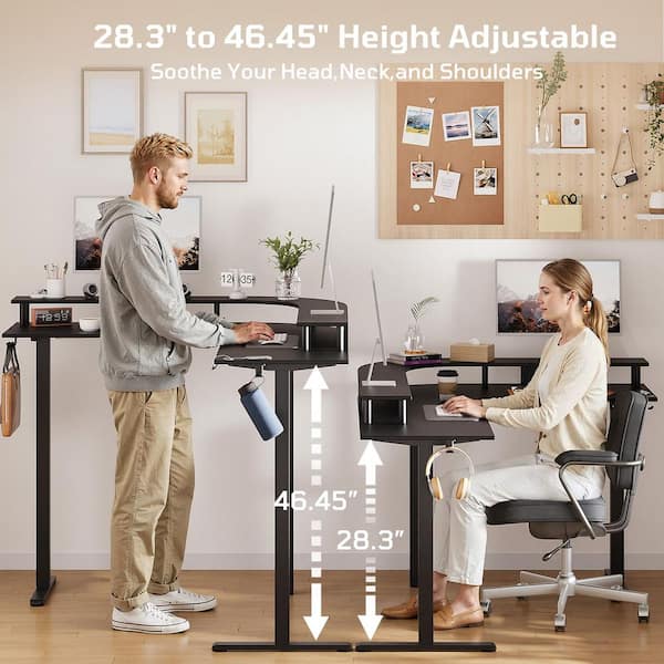 63 in. L-Shaped Black Carbon Fiber Wood Sit to Executive Desk with 3-Height Memory Presets, USB Port & Monitor Stand