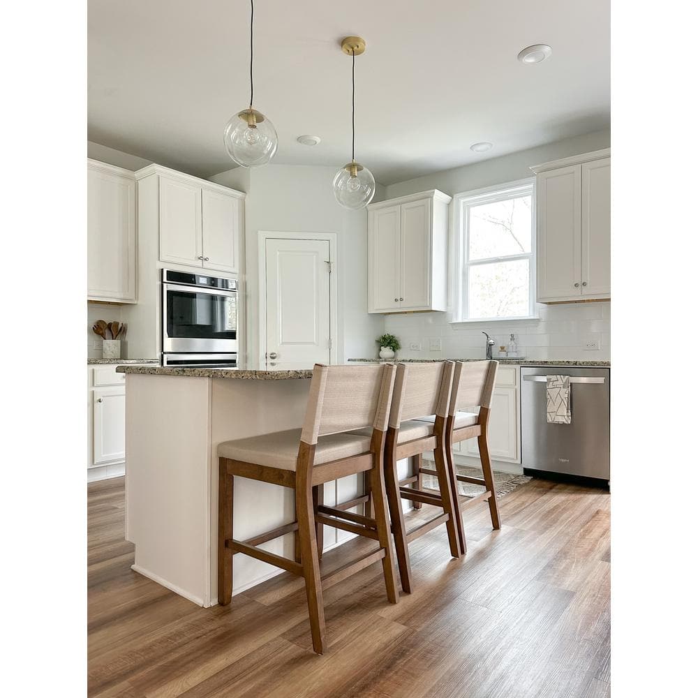 Linus Dark Brown Wood and Light Gray Linen Bar Stool