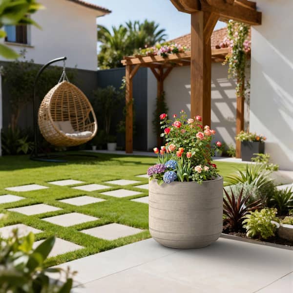 17.5in.W x 15.5in.H Concrete Stone Gray Tall Round Flower Planter Indoor Outdoor Plant Pot with Drainage Holes, Large