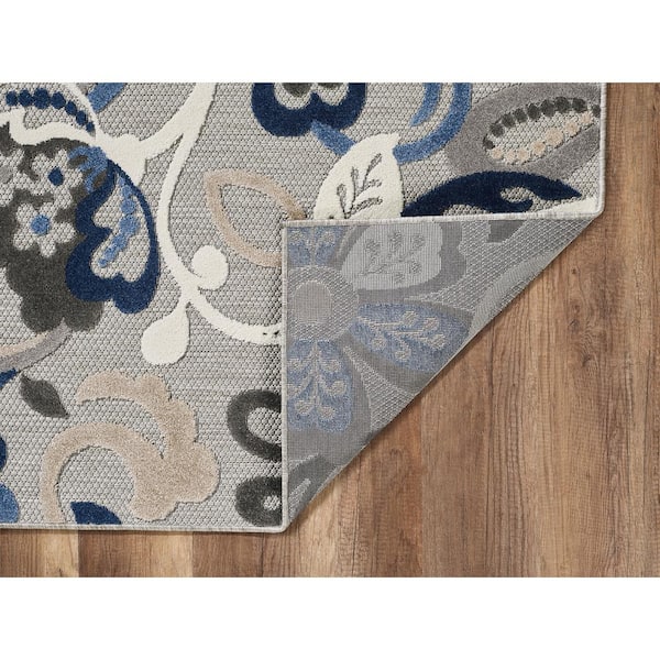 Calla Grey/Blue Leila 3 ft. x 5 ft. Floral Indoor/Outdoor Area Rug