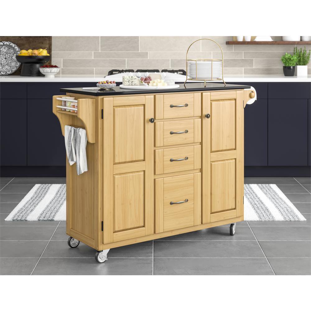 Natural Wood Kitchen Cart with Black Granite Top and Storage