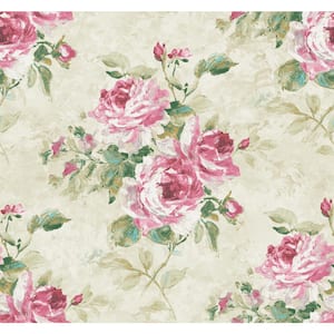 Rose Bouquet Metallic Ivory, Rose, & Forest Green Paper Strippable Roll (Covers 60.75 sq. ft.)