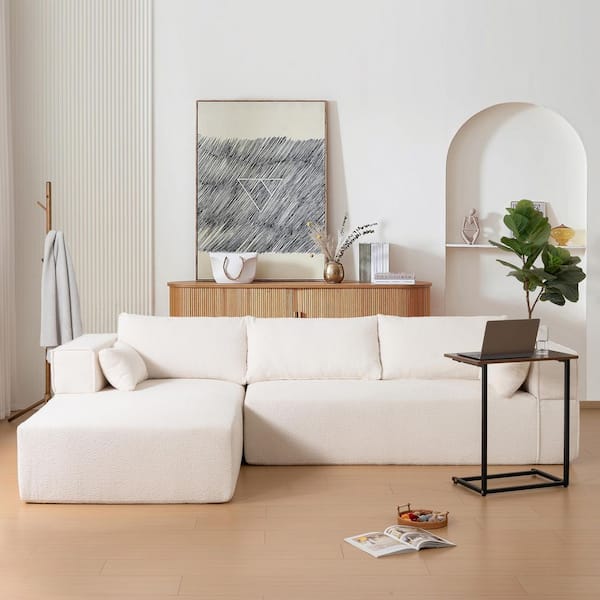112 in. Wrinkle Resistant Boucle Fabric Fully Compressed Sectional Sofa in. Beige with Free Side Table