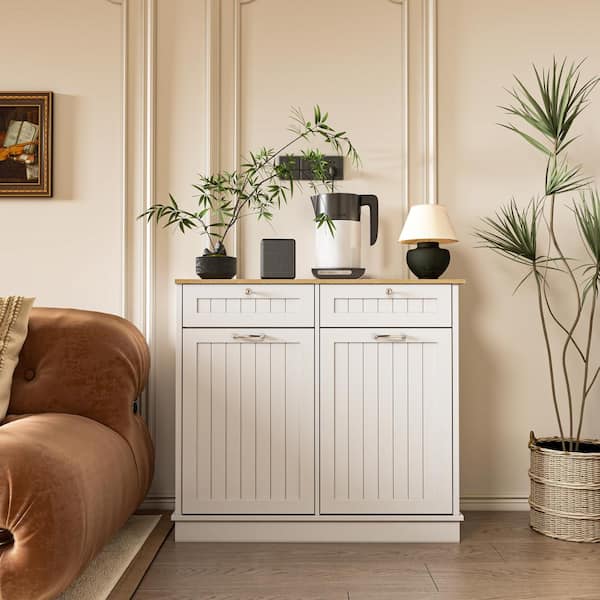 Farmhouse 40 in. W x 14 in. D x 36 in. H Ready to Assemble Cabinets Floor Tilt Out Trash Cabinet in White with Trash Can