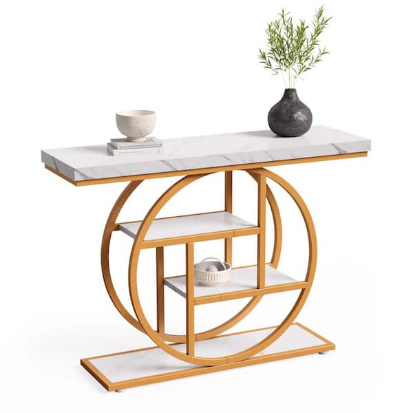 BYBLIGHT Turrella 41.3 in. White Rectangle Wood Console Table with Storage Shelves