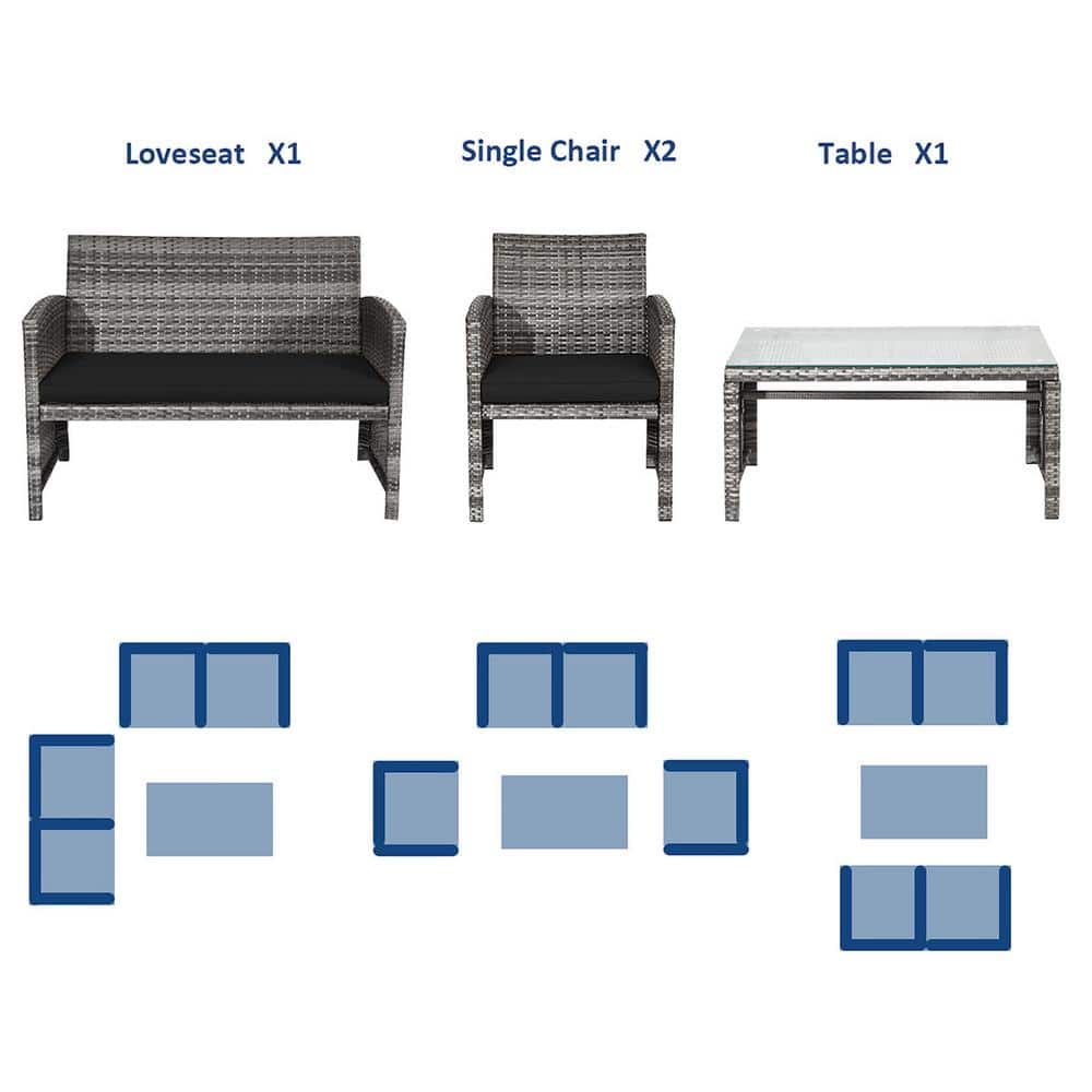 Black 4-Piece Rattan Patio Furniture Set with Glass Table