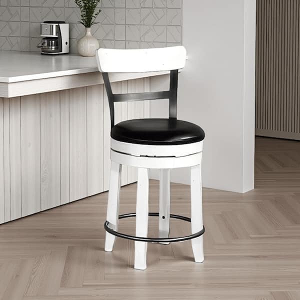 Benjara Orso Swivel White and Black Wood Frame Counter Stool Orso Swivel with Cushion (Set of 2)