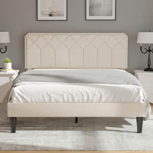 Bed Frame with Upholstered Headboard, Beige Metal Frame Queen Platform Bed with Strong Frame and Wooden Slats Support