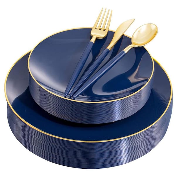 Adrinfly Blue and Gold Disposable Plastic Plates and Silverware Set for 30-Guests