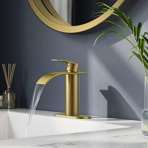 Single Handle Mid-Arc Bathroom Faucet with Deckplate and Pop-Up Drain in Gold
