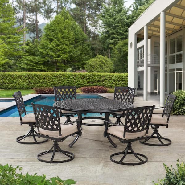 Sunjoy Cahill Black 7-Piece Aluminum Outdoor Dining Set with Beige Seat Cushion