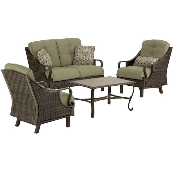 Hanover Ventura 4-Piece Patio Conversation Set with Vintage Meadow Cushions, 4-Pillows and Rectangular Coffee Table