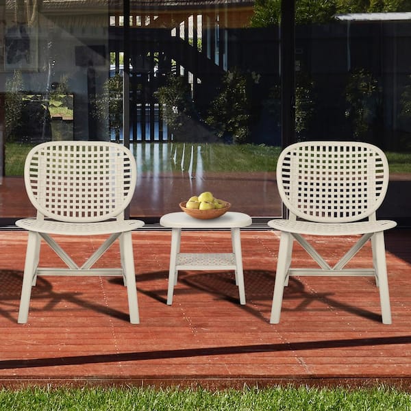 Unbranded White 3-Piece Hollow Design Plastic Patio Conversation Bistro Set with Open Shelf and Lounge Chairs with Widened Seat