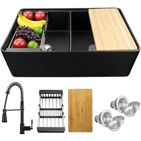 Black Fireclay 33 in. Double Bowl Apron-Front Workstation Kitchen Sink with Faucets, Basket Strainer