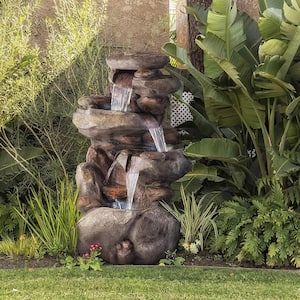 40 in. Tall Outdoor 4-Tier Rock Water Fountain with LED Lights