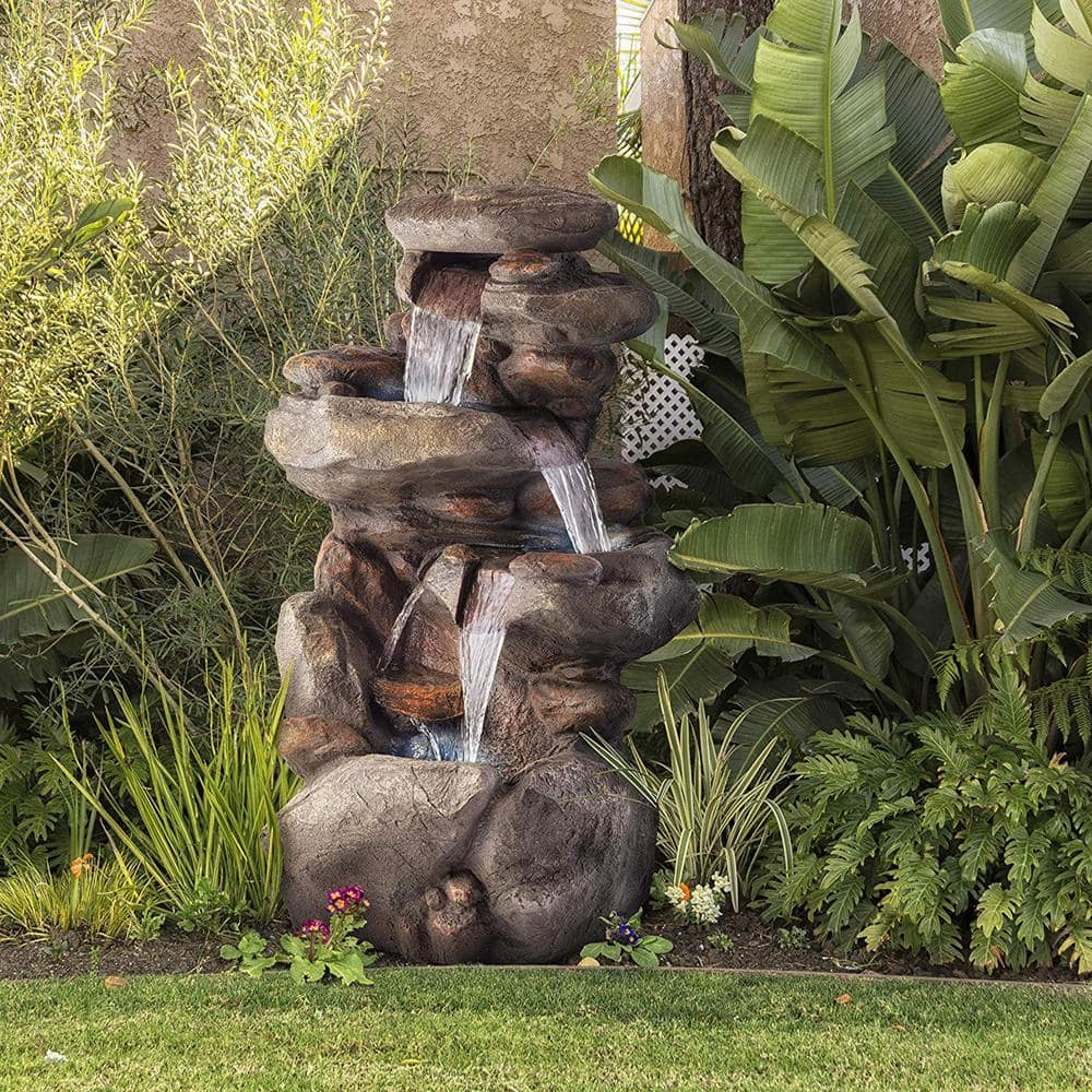 Gray Polystone Rock Waterfall Fountain with LED Light