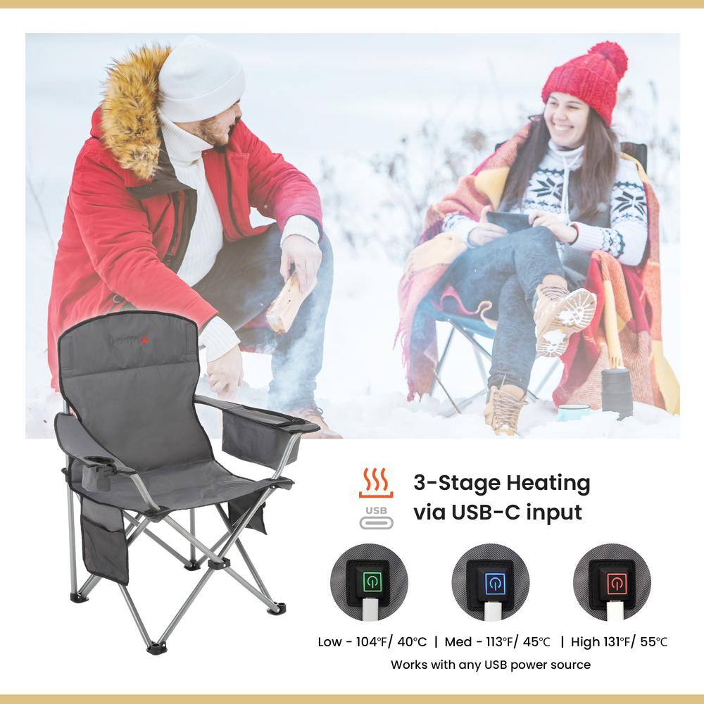 Gray Heated Folding Camping Chair with Cooler and Cup Holders