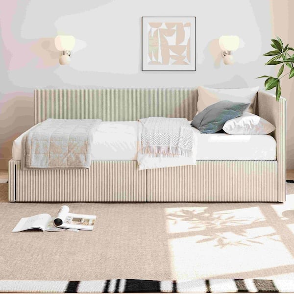Beige Twin Size Daybed with 2-Storage Drawers and Vertical Striped Design