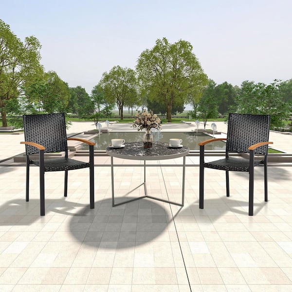 Stackable Patio PE Rattan Outdoor Dining Chair in Brown with Powder-coated Steel Frame and Acacia Armrests Set of 4