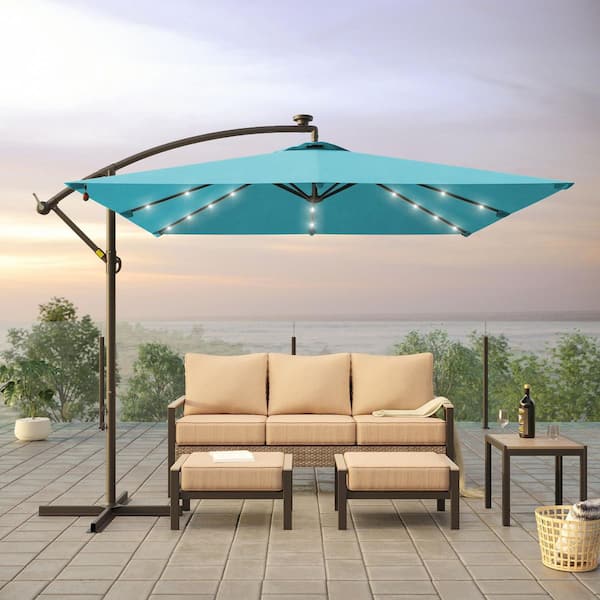 8.2 ft. x 8.2 ft. Patio Offset Cantilever Umbrella With LED Lights, Rectangular Canopy, Steel Pole and Ribs in Lake Blue